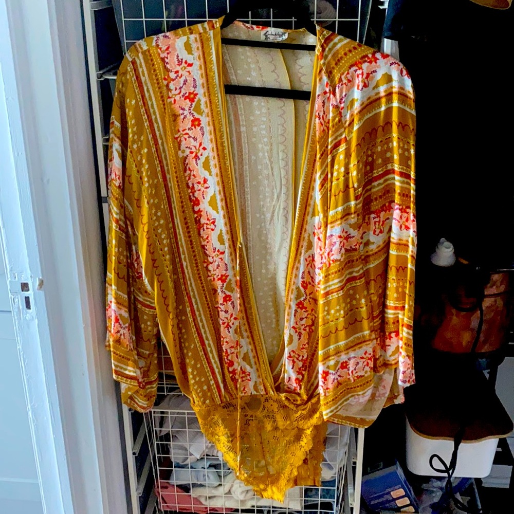 Free People Yellow Print Bodysuit